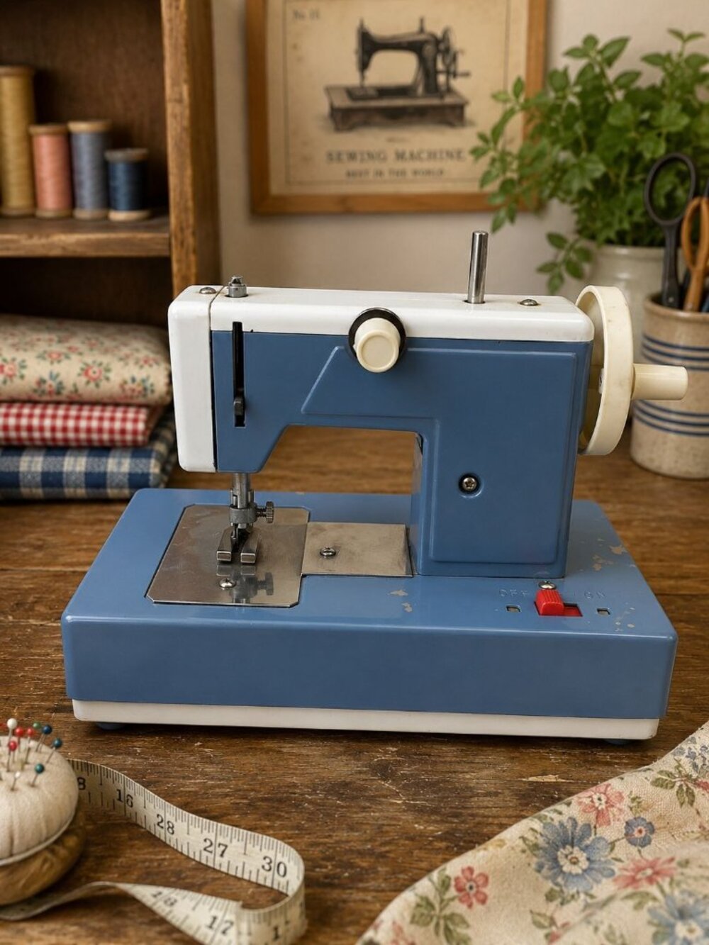 Vintage Miniature Toy Blue White Sewing Machine Hand Crank Battery Operated